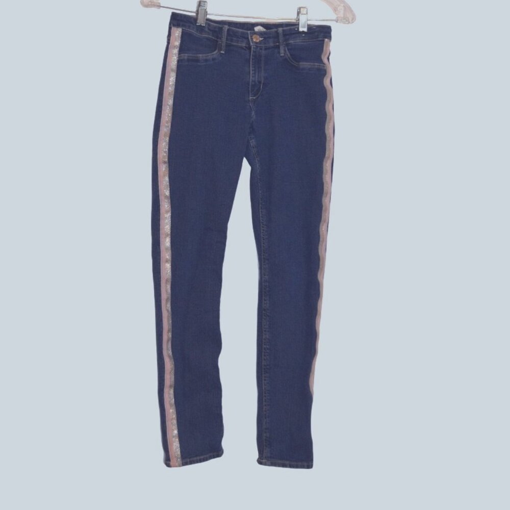 Jeans Girls' Blue Pants Stripes on Sides Silver/Pink Elastic Waist 11-12 y.o.